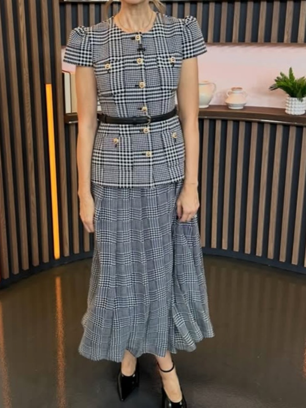Self-Portrait Grey Check Pleated Midi Dress/Houndstooth Belted Midi Dress